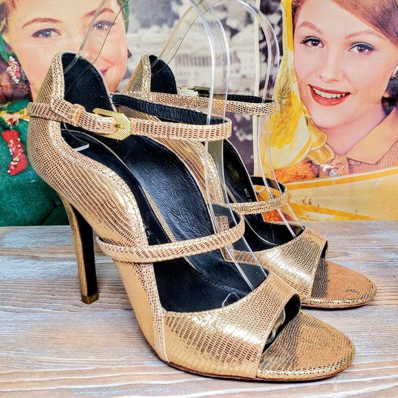 Rebecca Minkoff Shoes - Rebecca Minkoff Gold Embossed Leather Scalloped Open Toe High Heels Womens Sz 7